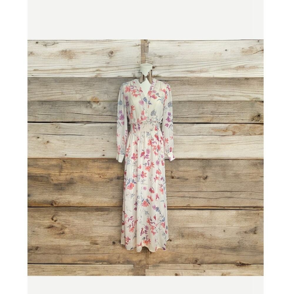 Kate & Lily Sheer White Floral Print Long Sleeve Surplice V-Neck Maxi Dress 4 - Picture 5 of 7